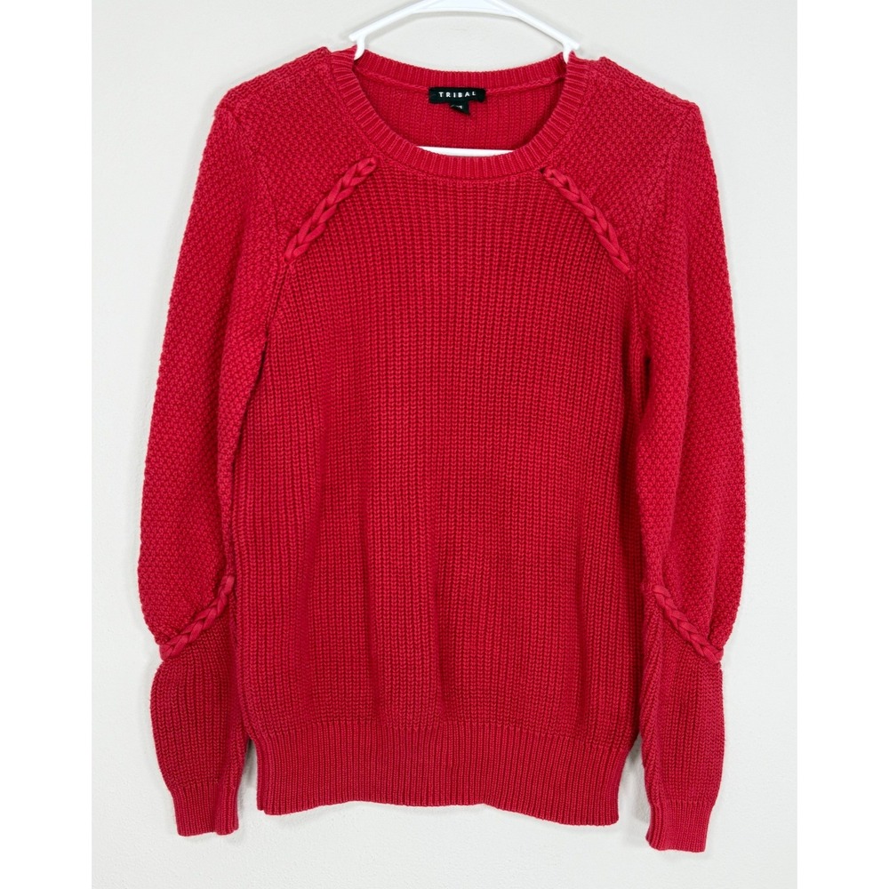 Tribal Braid Knit Sweater Women S Red Cotton Cabincore Fisherman Holiday Preppy